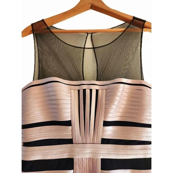 BCBGMAXAZRIA Champagne Black Striped Cocktail Mini Dress Size 6 - Picture 4 of 9